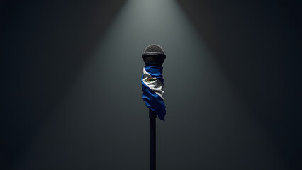 Nicaragua’s flag constricts a microphone—a potent emblem of stifled dissent. Dark, cinematic tones heighten the impact.