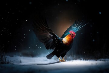 Obraz premium Isolated rooster pose with raised wings, clean background and cinematic tone