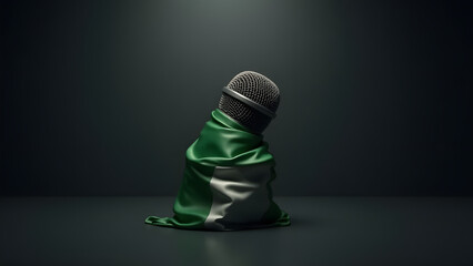 Nigeria’s flag gags a microphone—a stark image of suppressed voices. Moody, high-contrast lighting intensifies the message.