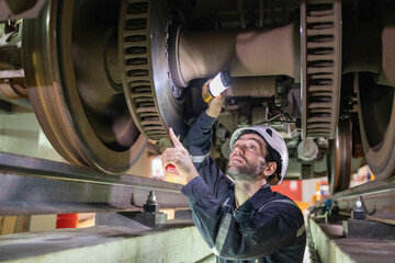 Railway technicians inspect the suspension brakes and axle stability control systems of electric...