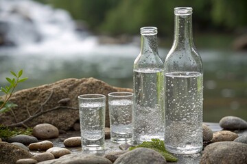 Obraz premium Glasses with clean water on a stone surface. A composition of several transparent glasses filled with clean water, with drops on the walls, placed on a natural stone surface.