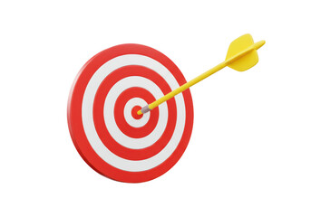 A red and white target with a yellow arrow in the center view isolated on transparent background