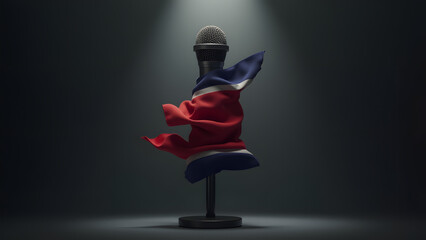 North Korea’s flag strangles a microphone—an unsettling metaphor for absolute control. Dark, cinematic visuals amplify the dread.