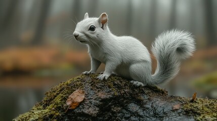 Obraz premium Fluffy white squirrel on a mossy log