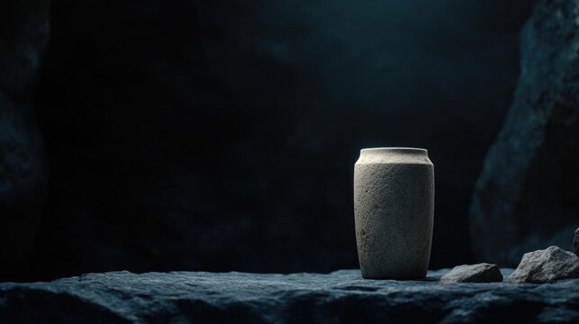 Simple, light gray urn on a dark stone surface