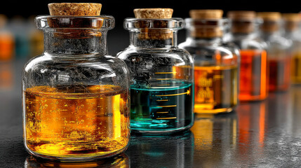 Row of clear glass laboratory bottles filled with colorful liquids and air bubbles, lined up on a shiny reflective surface
