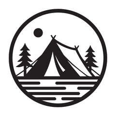 Woodland camping badge with tall trees and tent scene under night sky

