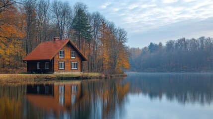 Fototapeta premium Rustic cabin by a serene lake in autumn