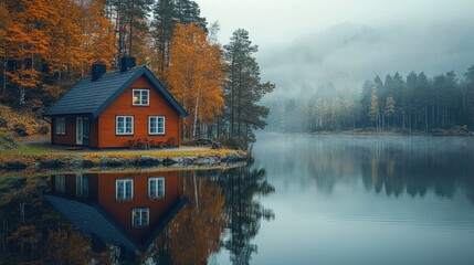 Autumn cabin nestled by a tranquil lake