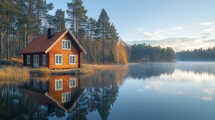 Fototapeta premium Rustic cabin by a serene lake at dawn