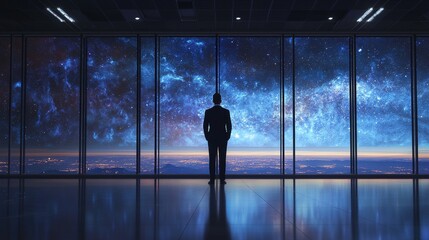 Fototapeta premium Businessman gazing at a galactic skyline high-rise office hyperrealistic image futuristic environment dramatic viewpoint