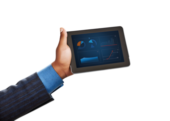 A businessperson's hand holding a tablet displaying financial growth charts and steady progress isolated on white background PNG