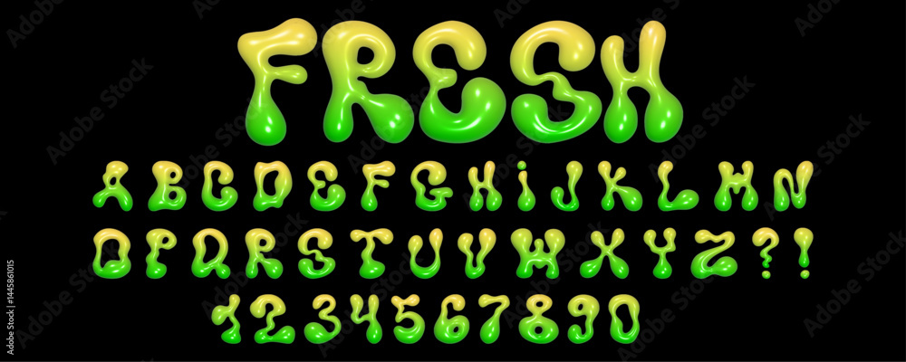 Poster liquid-inspired wavy 3d font with glossy texture showcasing letters and numbers for creative design 