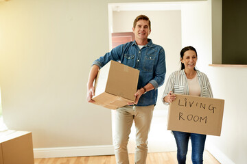 Box, carry and couple in living room of new home together for opportunity, relocation or unpacking....
