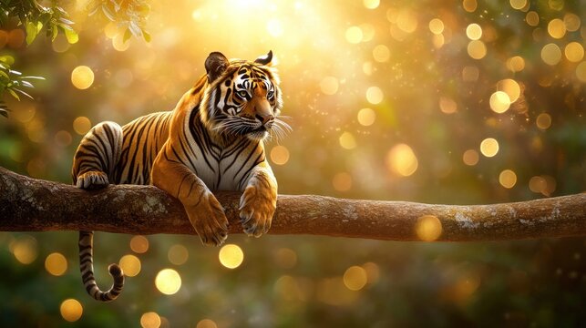 Majestic Tiger Resting on Branch in Golden Forest