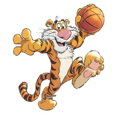 Cartoon tiger playing basketball 