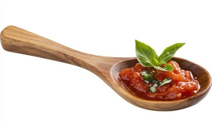 Wooden spoon filled with tomato sauce and fresh basil