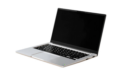 Modern Laptop Technology: A sleek, opened laptop computer with a black screen is a symbol of connectivity and modern technology. It shows the essence of digital work. 