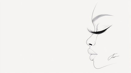 Elegant Minimalist Line Art: Serene Female Face Profile with Lush Lashes