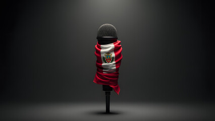 A powerful metaphor for silenced voices: the Peru flag tightly binds a microphone, representing censorship. Dark, moody lighting enhances the tension. Minimalist yet deeply symbolic.