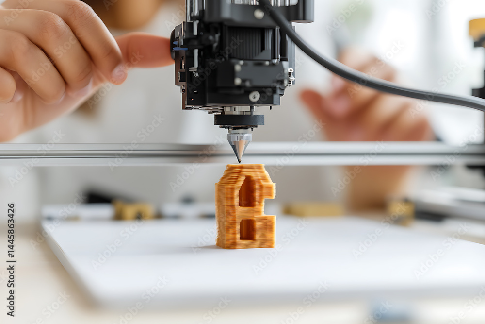 Poster 3d printer creating a miniature house model. innovation in rapid prototyping for architecture and pr