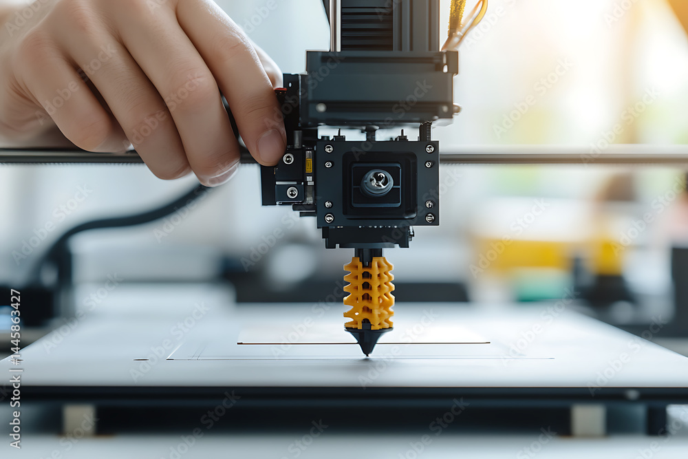 Poster 3d printing process. close-up of a hand adjusting the 3d printer head as it creates a yellow, lattic