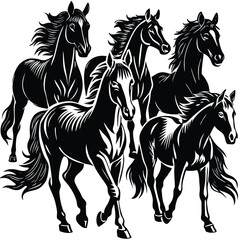 Majestic Herd A Stunning Black and White Horse Illustration