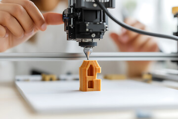 Fototapeta premium 3D printer creating a miniature house model. Innovation in rapid prototyping for architecture and product design. Precision at its finest.