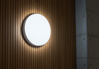 Illuminated circular fixture against a wood slat wall