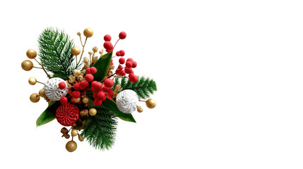 Festive Botanical Arrangement: A vibrant and detailed close-up of an intricate holiday-themed botanical arrangement, featuring a mix of rich red berries, golden accents, and fresh evergreen foliage.