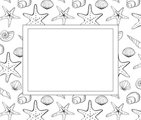 Seashell rectangle frame. Vector graphic line ink illustration of seashells. Hand drawn linear drawing on isolated background. Design for package, cosmetic, textile, cards.