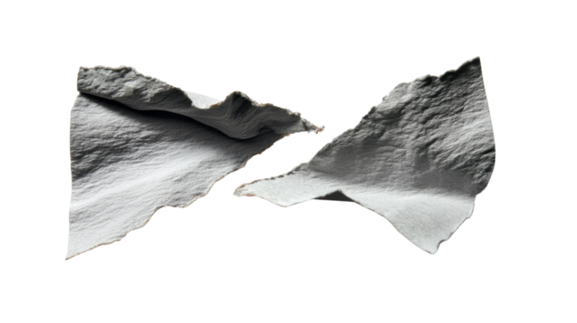Torn Paper: Conceptual image of torn white paper, split into two pieces, showing the ragged edges and textures of the material. The image symbolizes fragmentation and separation. 