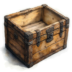Wooden Mariners Chest, watercolor vector, isolated on a white background.