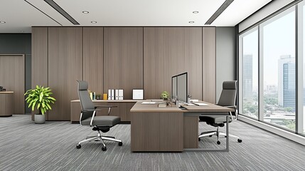 Modern office workspace with city view