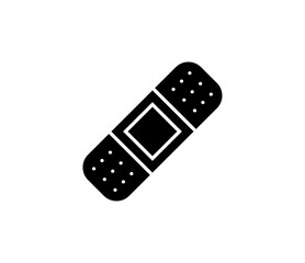 Single, black, adhesive bandage with pad in center for wound care and protection, medical supply icon, on a transparent background