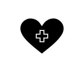 Black heart featuring a white plus symbol in center, representing health and care, icon symbol, simple, clean design on a transparent background
