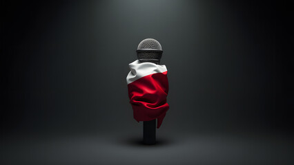 Poland’s flag constricts a microphone—symbolizing silenced dissent. Moody lighting amplifies the tension in this minimalist, high-impact composition.