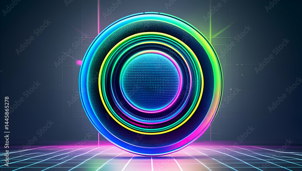 Poster futuristic glowing circular object on a synthwave grid