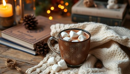Cozy hot chocolate, warm mood, served with marshmallows, rustic home decor