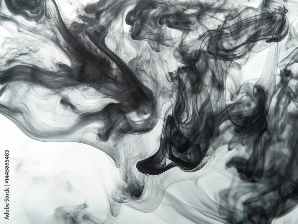 Poster abstract black ink swirling against a white background creating a smoky or fluid effect. high contra