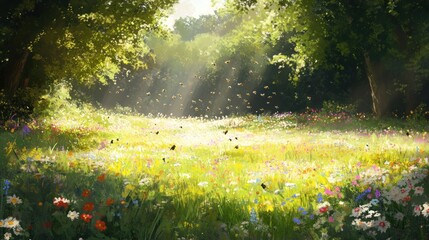 Obraz premium Sunlit Meadow with Bees and Flowers