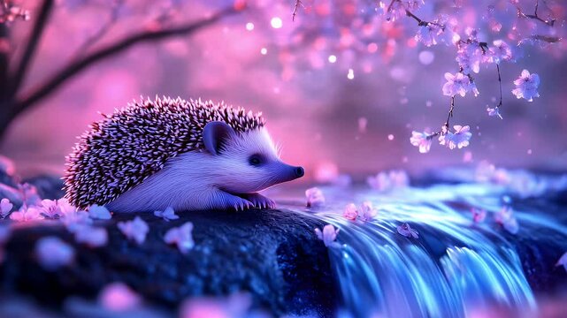 Hedgehog by waterfall in pink and purple floral setting