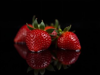Fresh strawberries bathed in water reflecting in dark