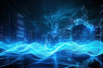 Fototapeta premium Futuristic city skyline, glowing energy waves, night