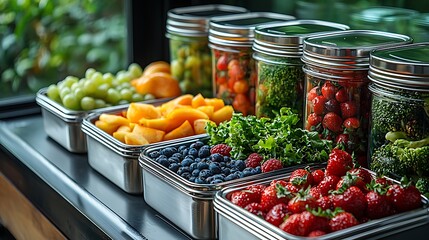 Freshly prepared fruits and vegetables displayed in jars and containers on a countertop with greenery