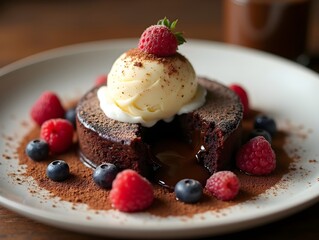 A chocolate lava cake with molten chocolate, served with a scoop of vanilla ice cream and berries