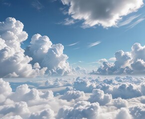 Vast expanse of azure sky, fluffy white cumulus clouds drift lazily , above, texture