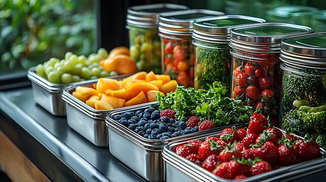 Freshly prepared fruits and vegetables displayed in jars and containers on a countertop with greenery - Powered by Adobe