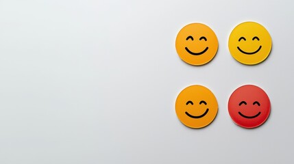 Fototapeta premium Four smiley face icons on a white background showing three yellow and one red signifying positive feedback and one negative review or comment.