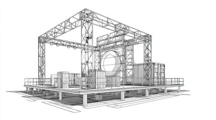 Highly detailed 3D visualization of an environmentally friendly festival stage with a redesigned frame, solar sound system and wind protection used in industrial design